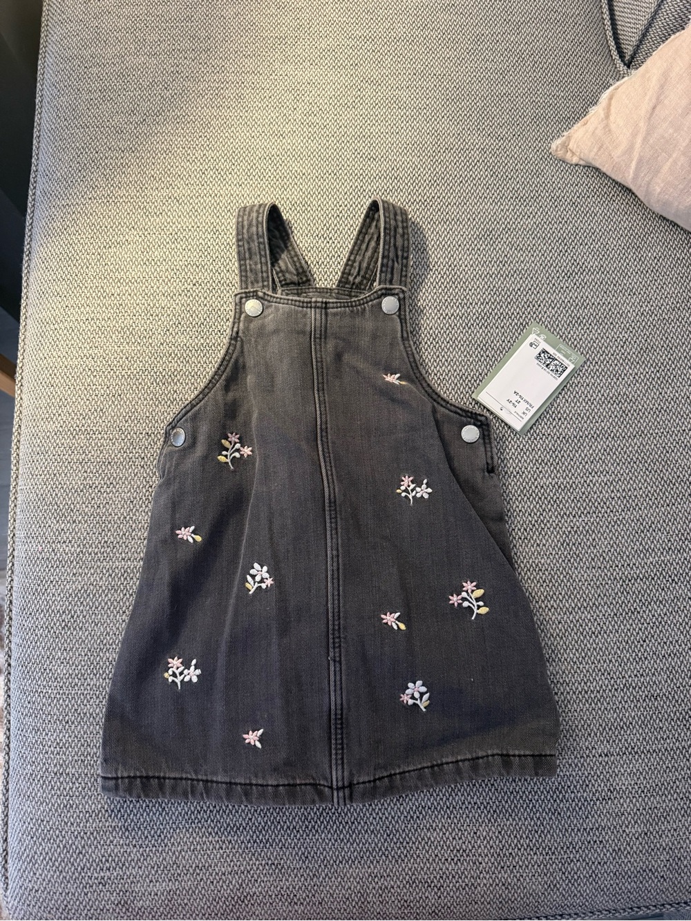 H&M Black Denim Girls' Embroidered Floral Pinafore Dress